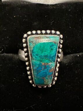 Genuine Coffin Shape Chrysocolla Turquoise Sterling Silver Overlay Ring Size 5